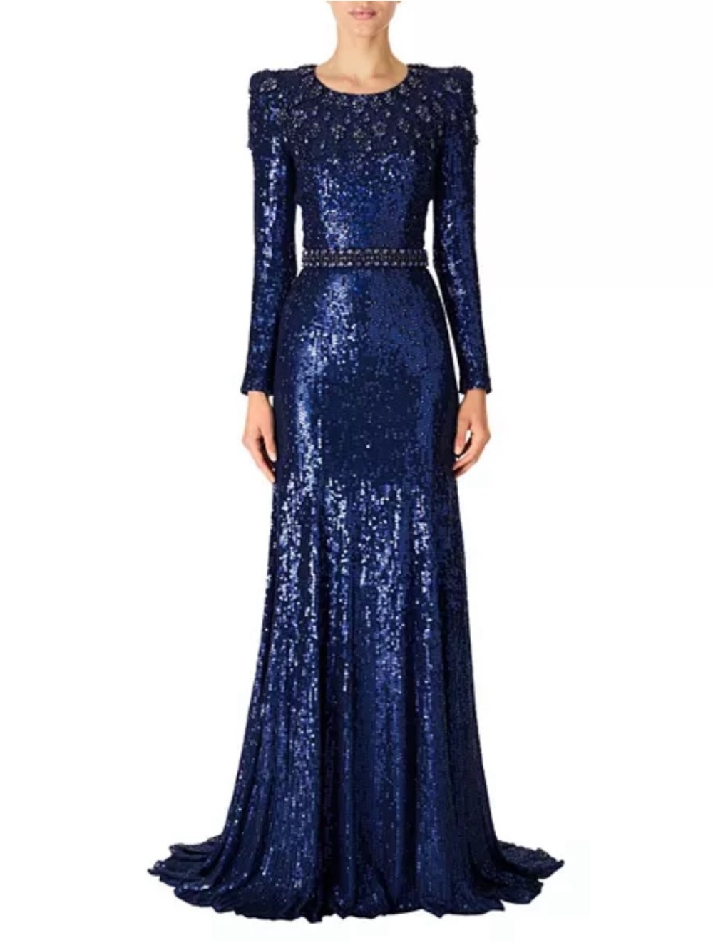 Jenny Packham Navy Blue Sequin Long Sleeve Gown